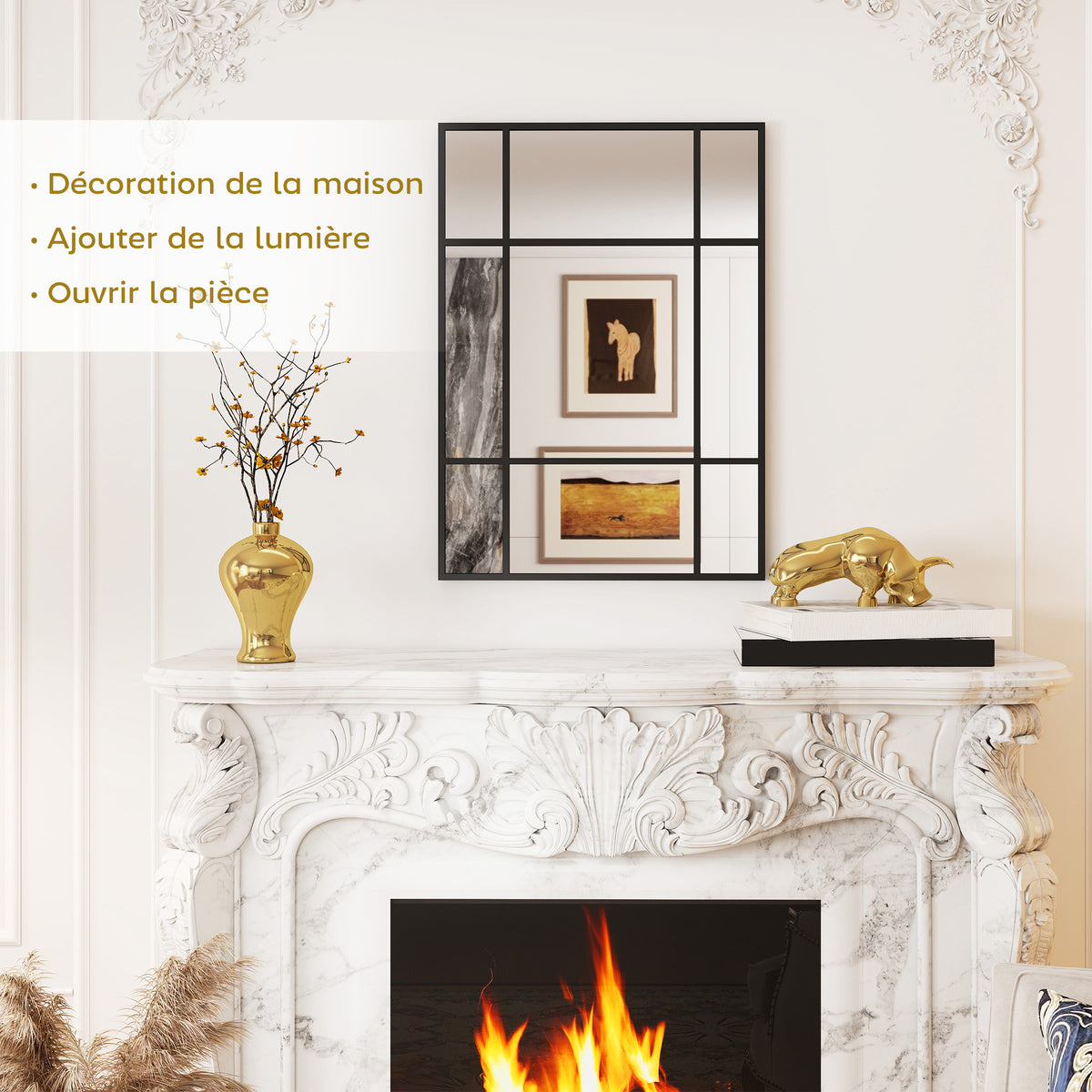 Miroir mural verrière rectangulaire style fenêtre, horizontal ou vertical avec 4 crochets, en métal noir - 50x70 cm-3