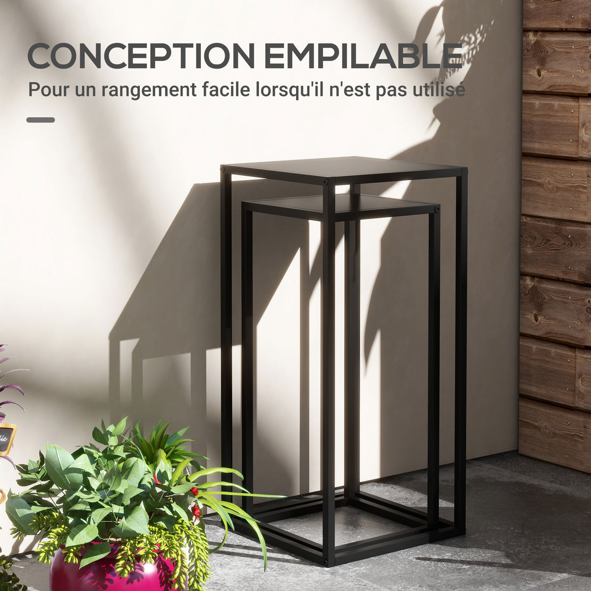 Lot de 2 supports pot de fleurs encastrables 2 hauteurs différentes 58,5 et 65 cm - acier noir-5