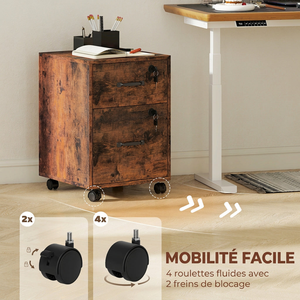 Caisson bureau mobile à 2 tiroirs, meuble rangement bureau sur roulettes pour documents suspendus format lettre, marron-5
