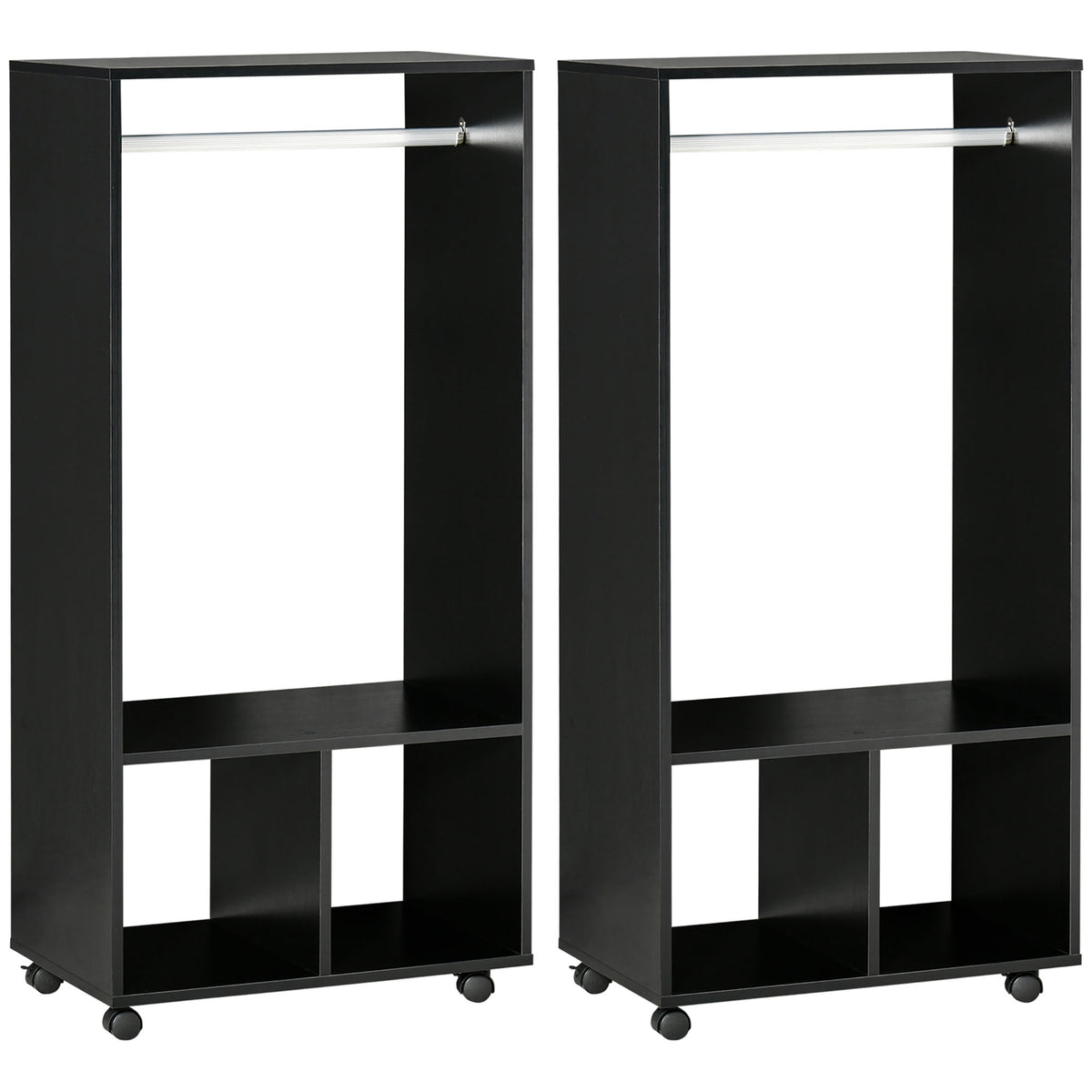 Lot de 2 portants à vêtements penderie mobile avec roulettes 2 niches + Grand Espace penderie en bois noir-0