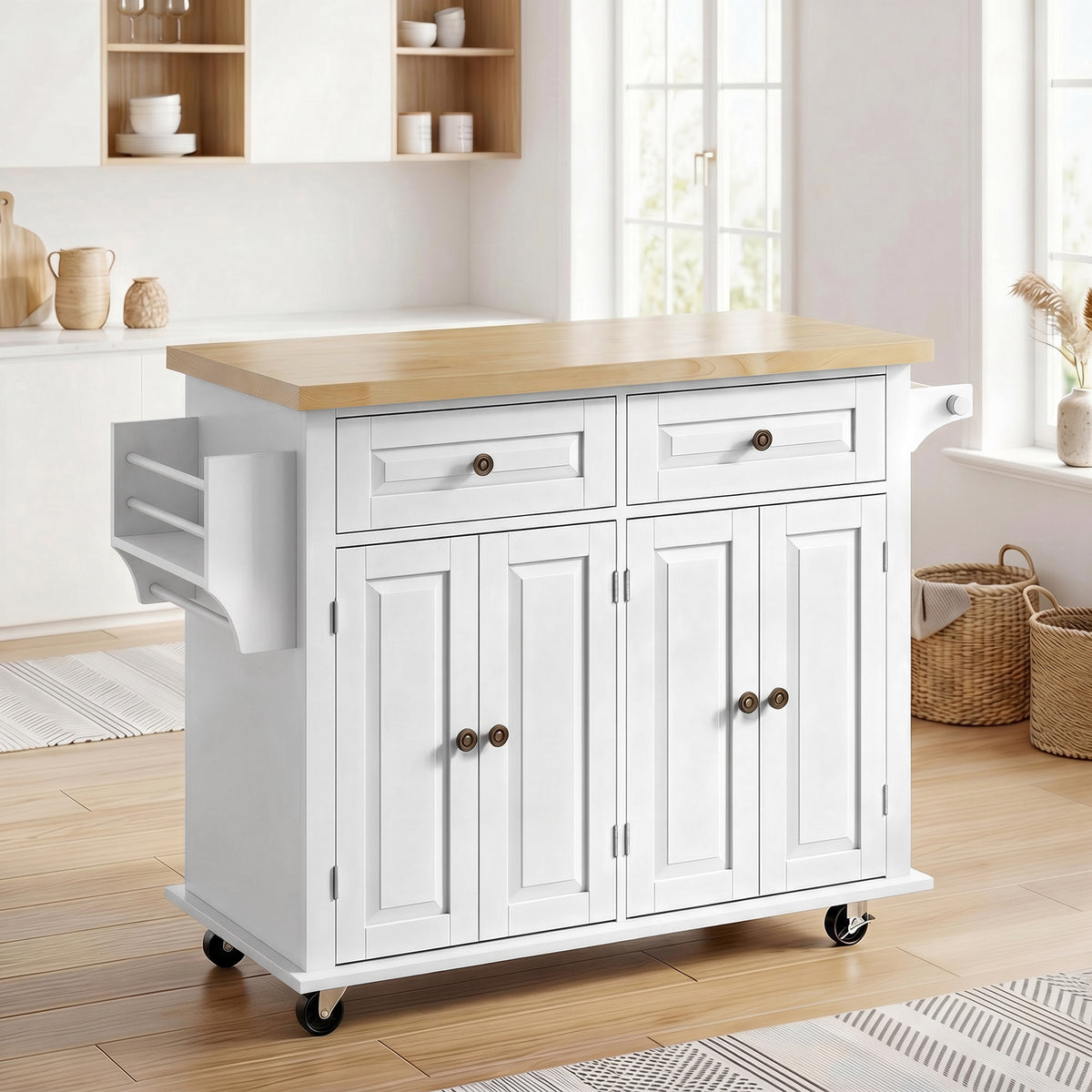 Îlot Central Cuisine avec Plateau en Hévéa, Desserte de Cuisine sur Roulettes avec 2 Tiroirs, 111 x 44,5 x 82,5cm, blanc-1