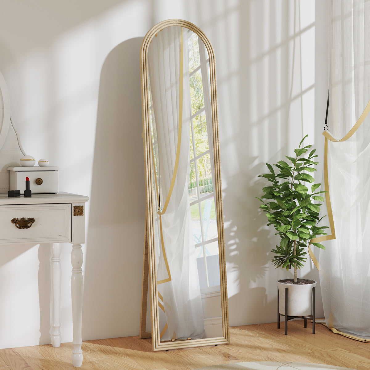 Miroir de sol arqué pleine longueur miroir sur pied cadre en effet imitation pierre pour salon chambre 40 x 160 cm beige-1