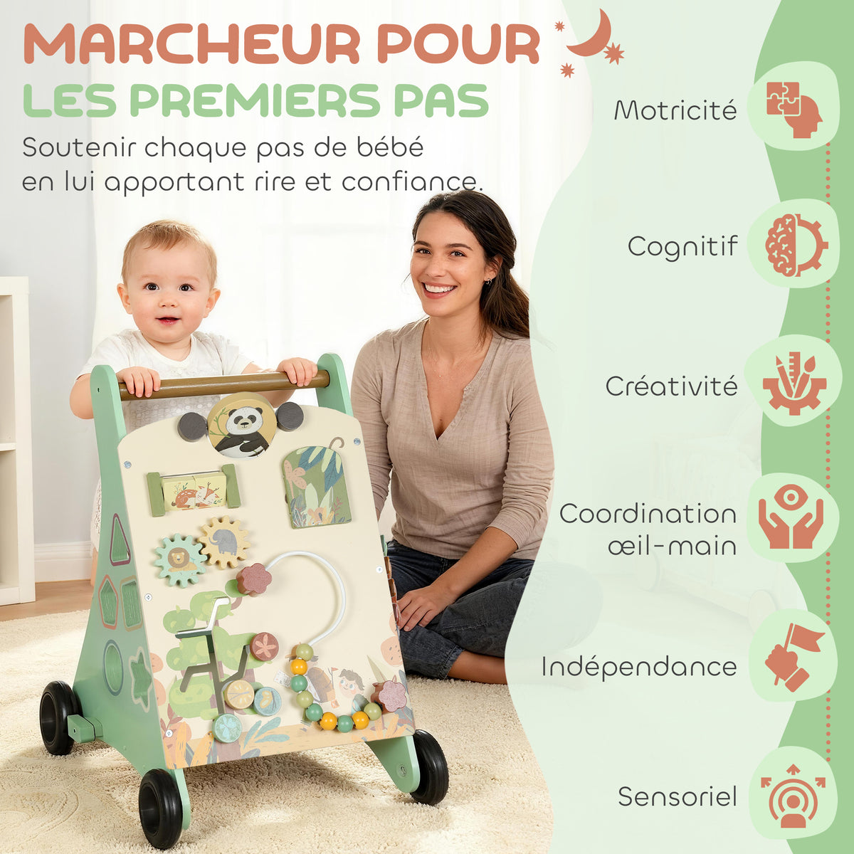 Trotteur en bois pour bébé 18+ mois, chariot de marche, contrôle de vitesse, centre d'activités, 33,5x36x46,8cm, vert-3