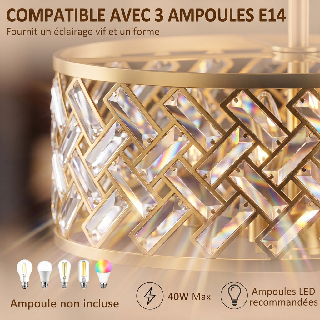 Plafonnier en Cristal Moderne Rond, Lustre Plafonnier avec Abat-jour, 3 Ampoules E14, Ø 39 x 34 cm, Doré-4