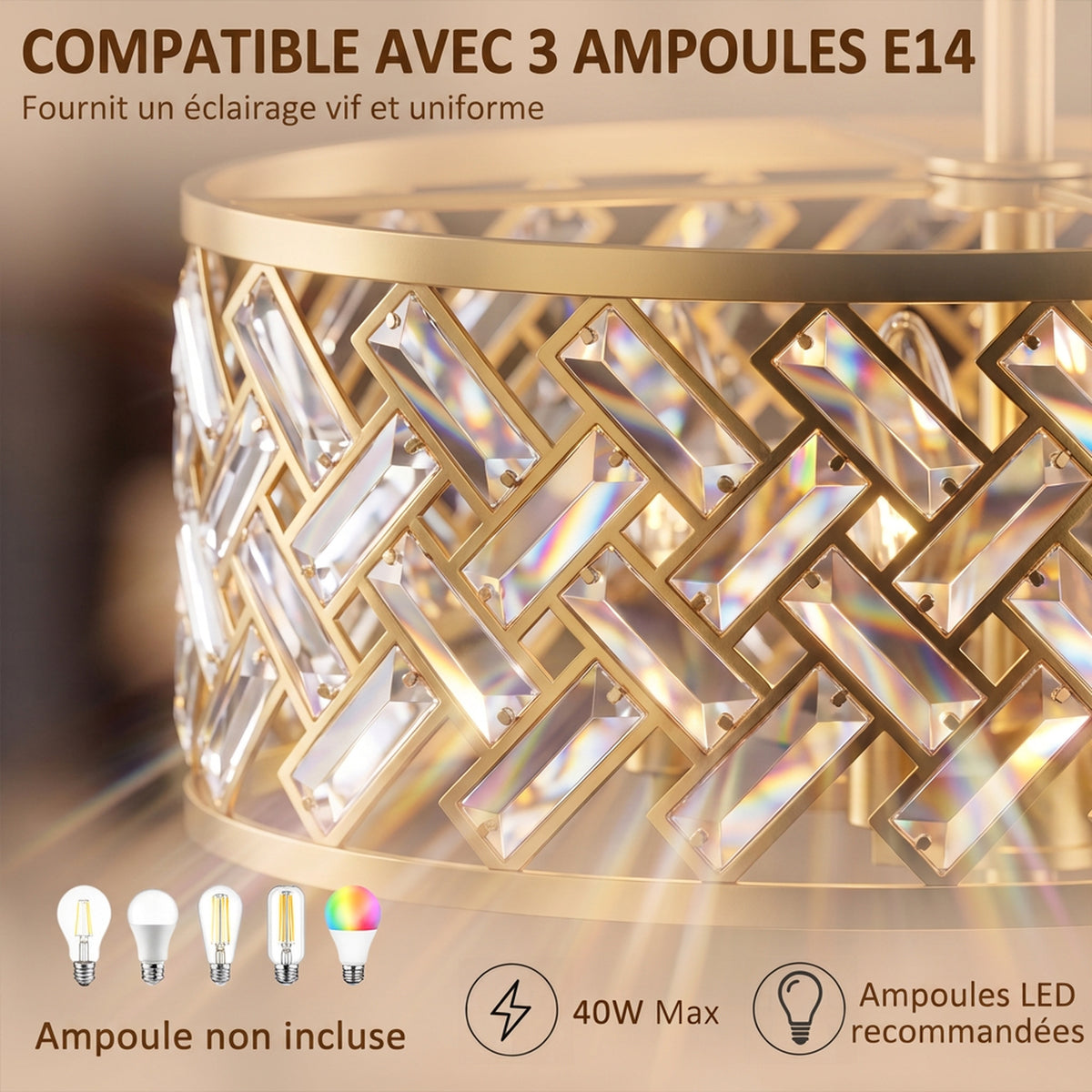 Plafonnier en Cristal Moderne Rond, Lustre Plafonnier avec Abat-jour, 3 Ampoules E14, Ø 39 x 34 cm, Doré-4