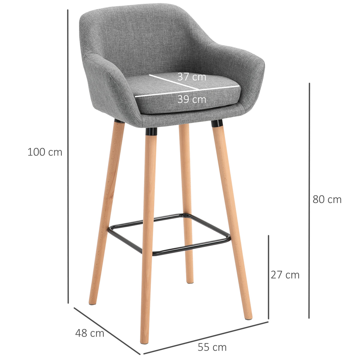 Tabourets de Bar Design scandinave Lot de 4 tabourets de Bar avec Repose-Pieds et accoudoirs Bois massif Lin Gris foncé-2