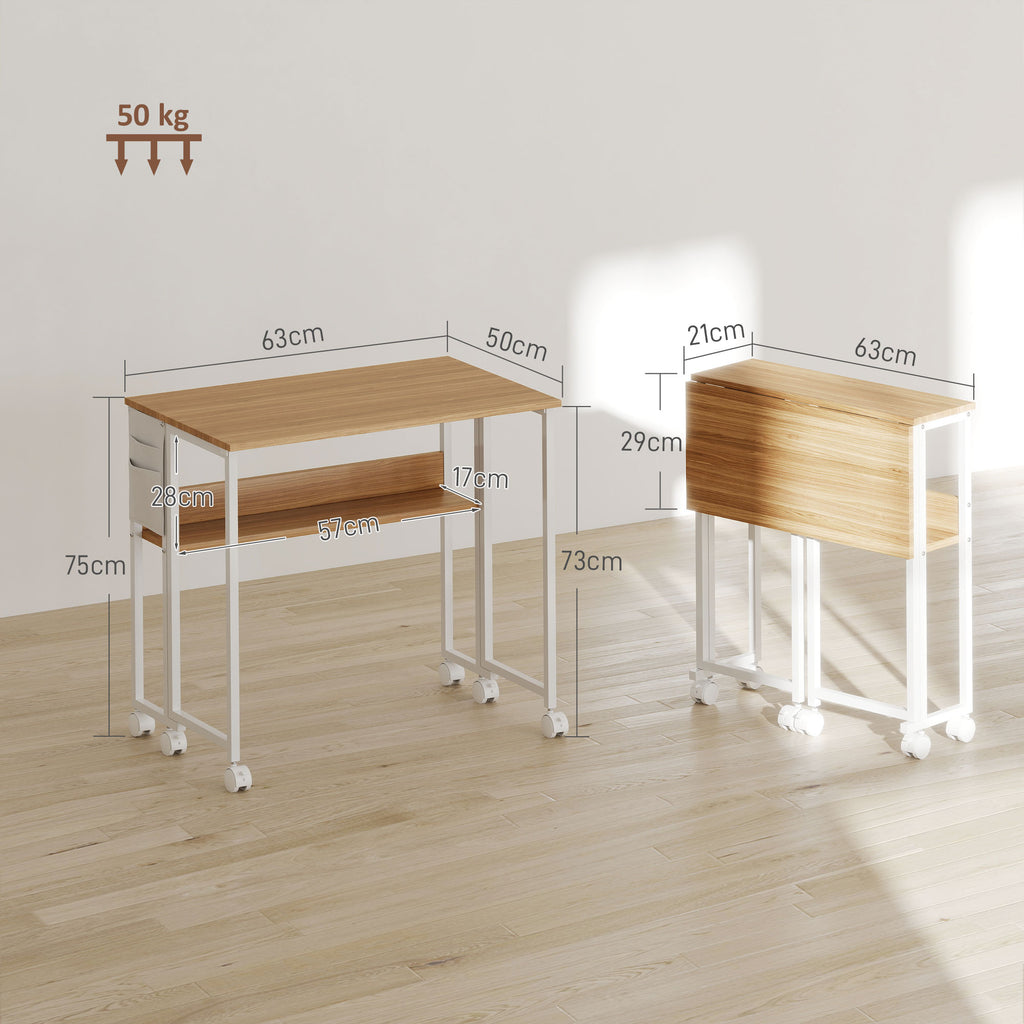 Bureau pliable sur roulettes 63 x 50 cm avec étagère et sac de rangement, bois naturel-2
