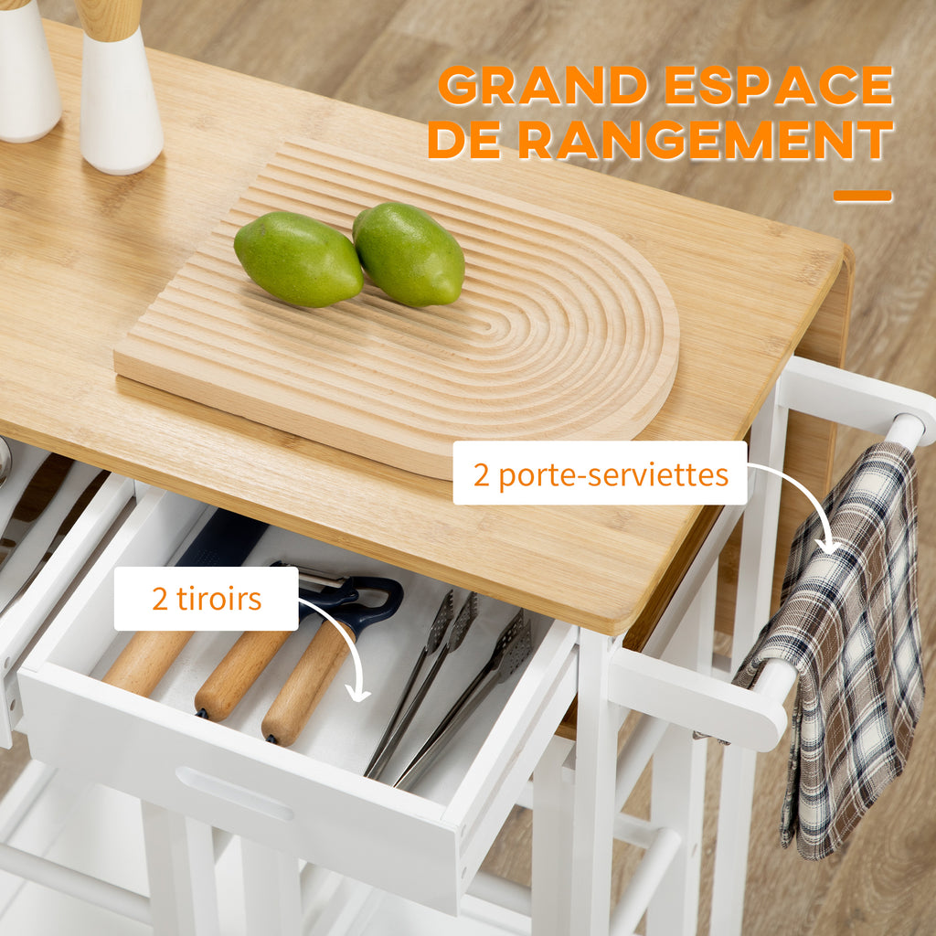 Ensemble table de bar pliable roulettes + 2 tabourets blanc et bois clair - 2 tiroirs et porte-torchons-5