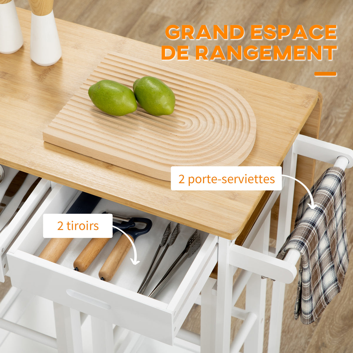 Ensemble table de bar pliable roulettes + 2 tabourets blanc et bois clair - 2 tiroirs et porte-torchons-5