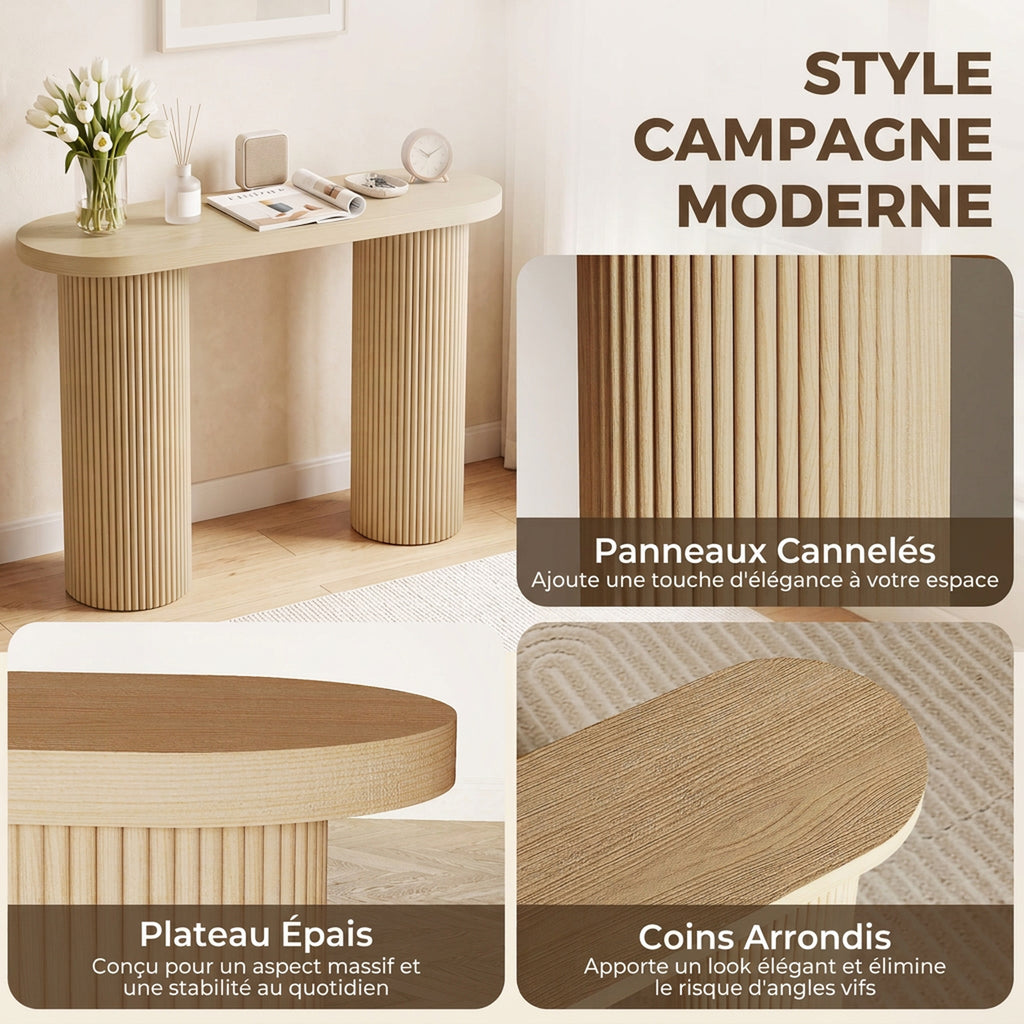 Table Console Cannelée, Rangement Dissimulé, Pieds Colonnes, Style Rustique, Console d'Entrée Étroite, 103x35x80cm Chêne-4