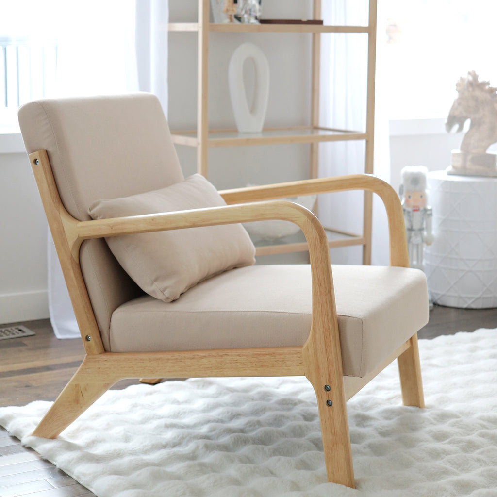 Fauteuil lounge - 3 coussins inclus - assise profonde - accoudoirs - structure bois hévéa - aspect velours beige-6