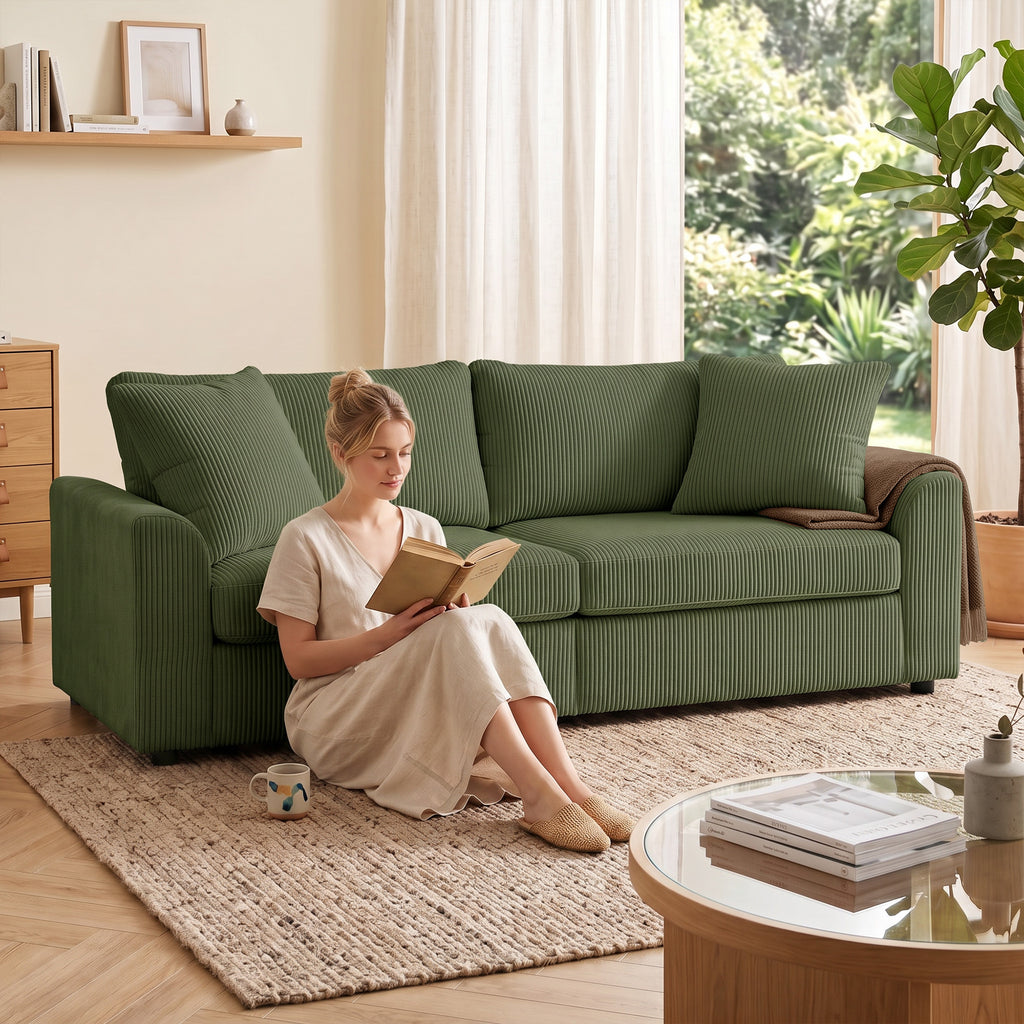 Canapé 3 places 212 cm avec 2 coussins à ressorts, tissu velours côtelé, pour salon, chambre, bureau à domicile, vert-7