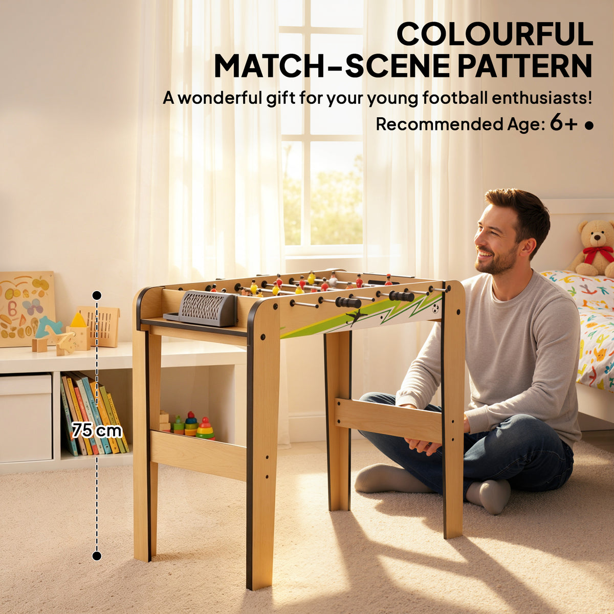 Baby-Foot Enfant 18 Joueurs 2 Balles, Barres 360°, Poignées Antidérapantes, Compteurs de Score, 75x66x75cm, Bois Naturel-8