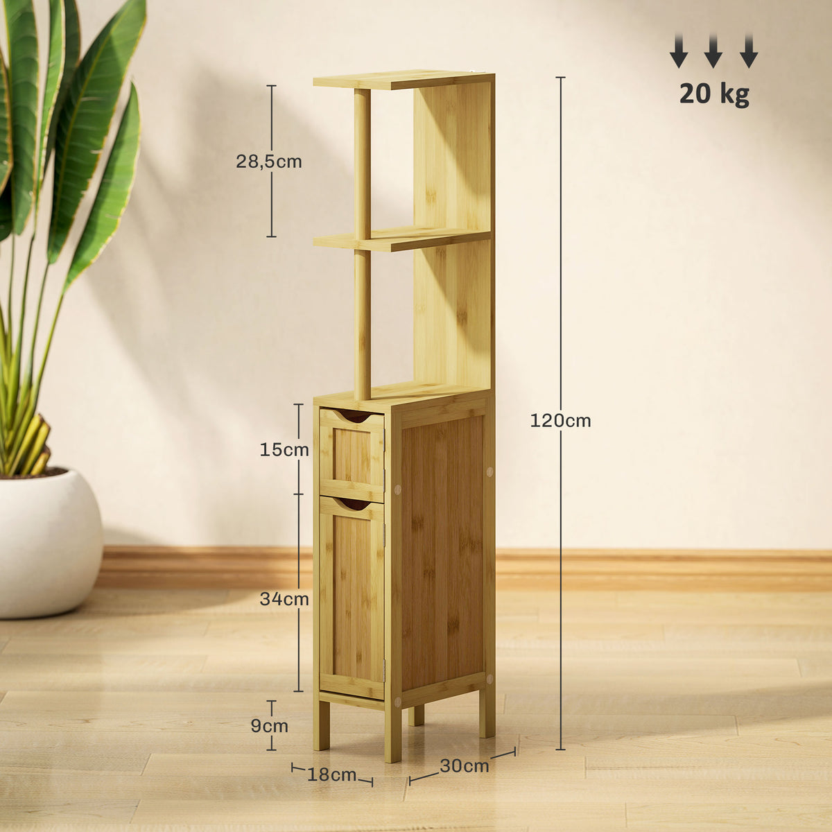 Colonne de salle de bain meuble de salle de bain avec 2 étagères 2 placards en bambou 18l x 30P x 120H cm bois naturel-2