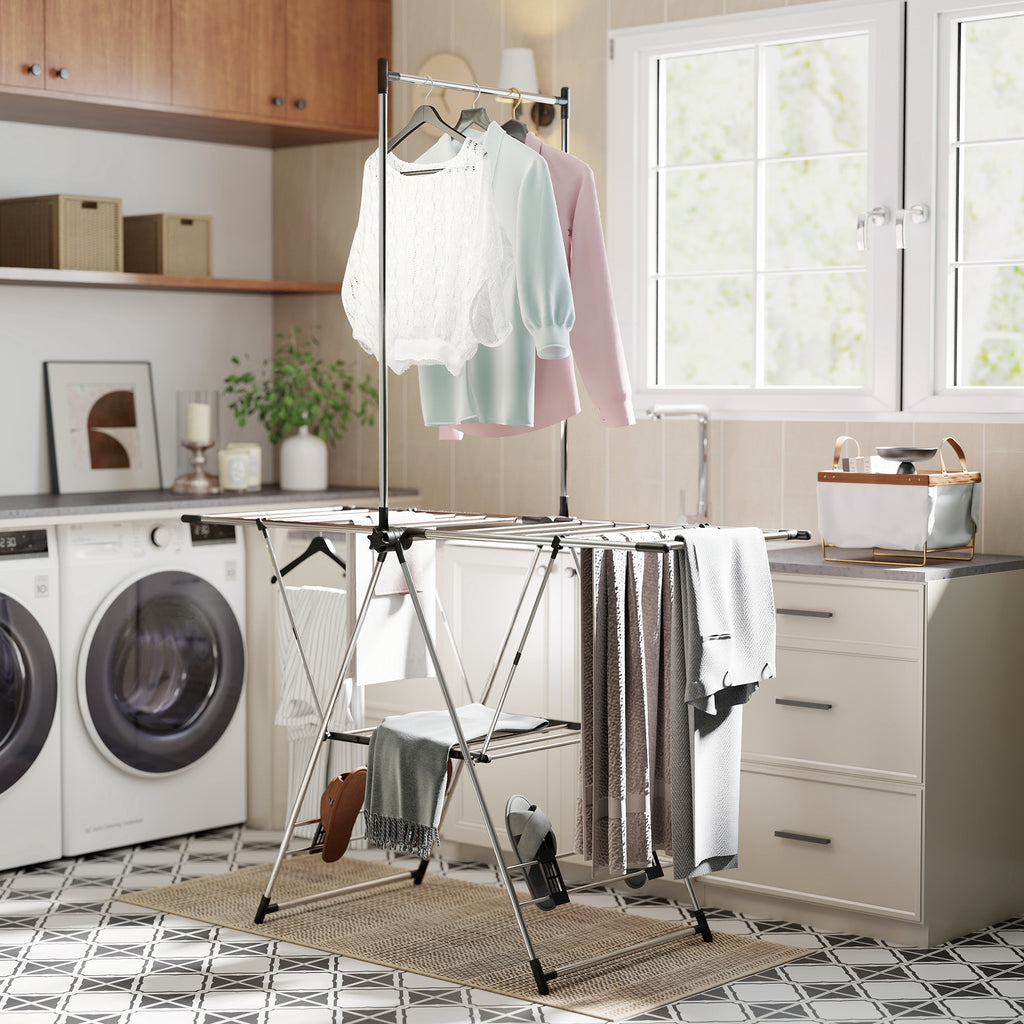 Séchoir à linge étendoir pliable, ailes réglables 5 niveaux, 4 supports à chaussures, acier inoxydable, argenté-7