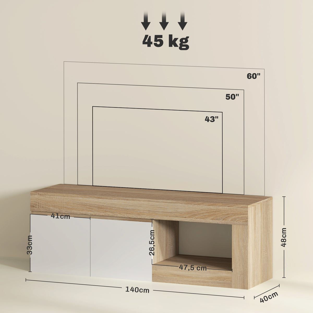 Meuble TV 2 portes pour téléviseurs jusqu'à 60 pouces, meuble télé avec placard et étagère ouverte, effet bois naturel-2