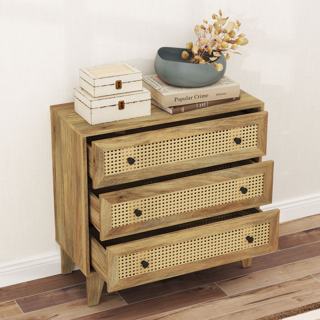 Commode 3 tiroirs meuble de rangement cannage en rotin aspect bois clair 80 x 35 x 76 cm-6
