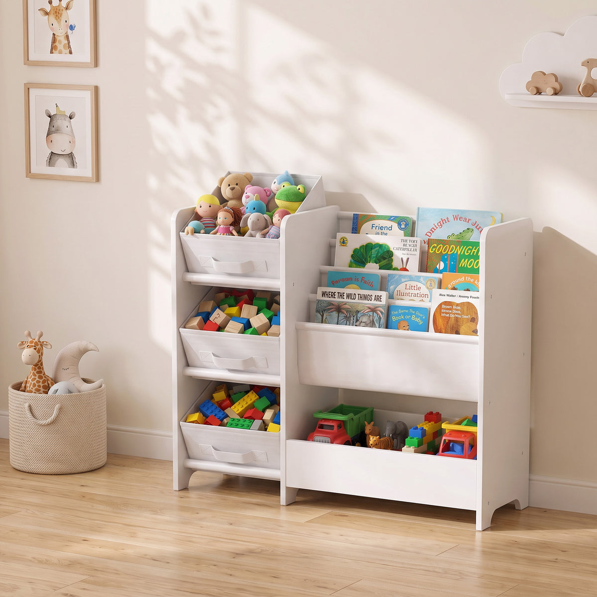 Meuble Rangement Enfant à 3 Niveaux avec 4 Porte-livres, 3 Bacs en Tissu et Compartiment, 64,5 x 30 x 66 cm, Blanc-8