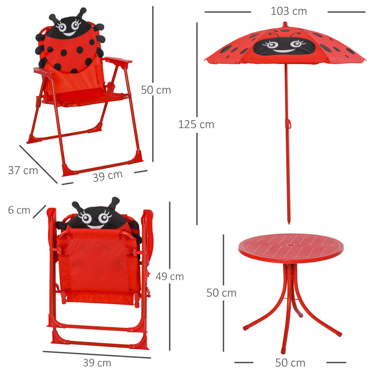 Ensemble Salon de Jardin Enfant 4 pcs Design Coccinelle - Table Ronde + 2 chaises Pliables + Parasol - métal époxy Oxford Rouge-2