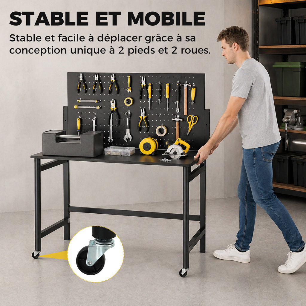 Établi d'atelier pliable à roulettes, 115x62x143,5cm, plan de travail avec panneau perforé, 30 crochets, noir-6