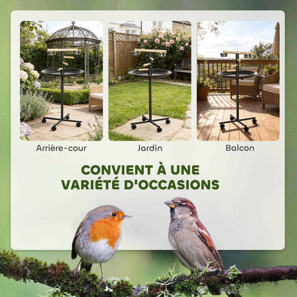 Perchoir perroquet mangeoire à oiseaux sur pied 4 roulettes, 2 mangeoires en acier inoxydable, Ø 60 x 111 cm, gris-3