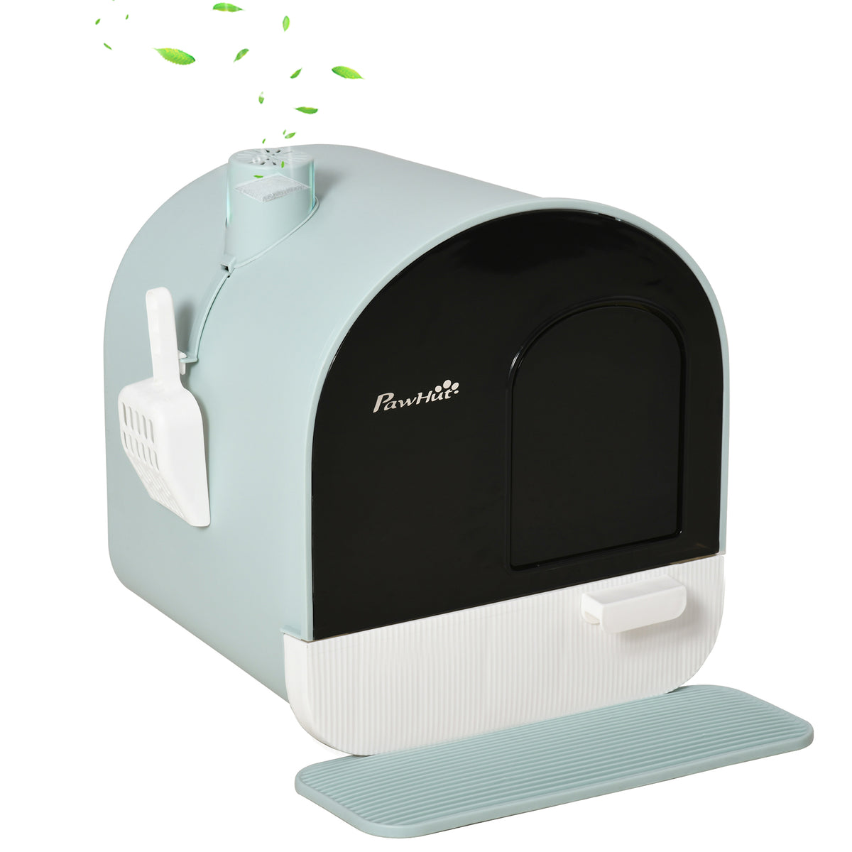 Maison de toilette pour chat avec tiroir amovible, bac à litière fermé avec tapis anti-trace, pelle, filtre anti-odeur et porte battante, nettoyage facile, 43 x 44 x 47 cm, vert-0