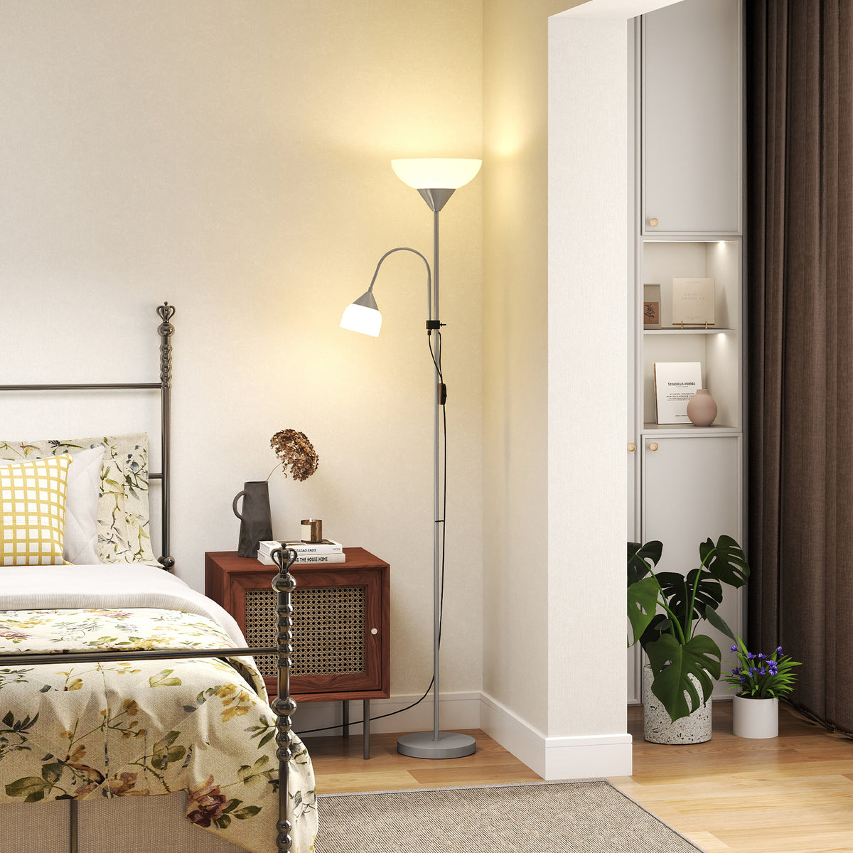 Lampadaire, lampe de salon sur pied avec 2 têtes douille E27 et E14, base en métal dim. Ø28 x 179,5H cm-1