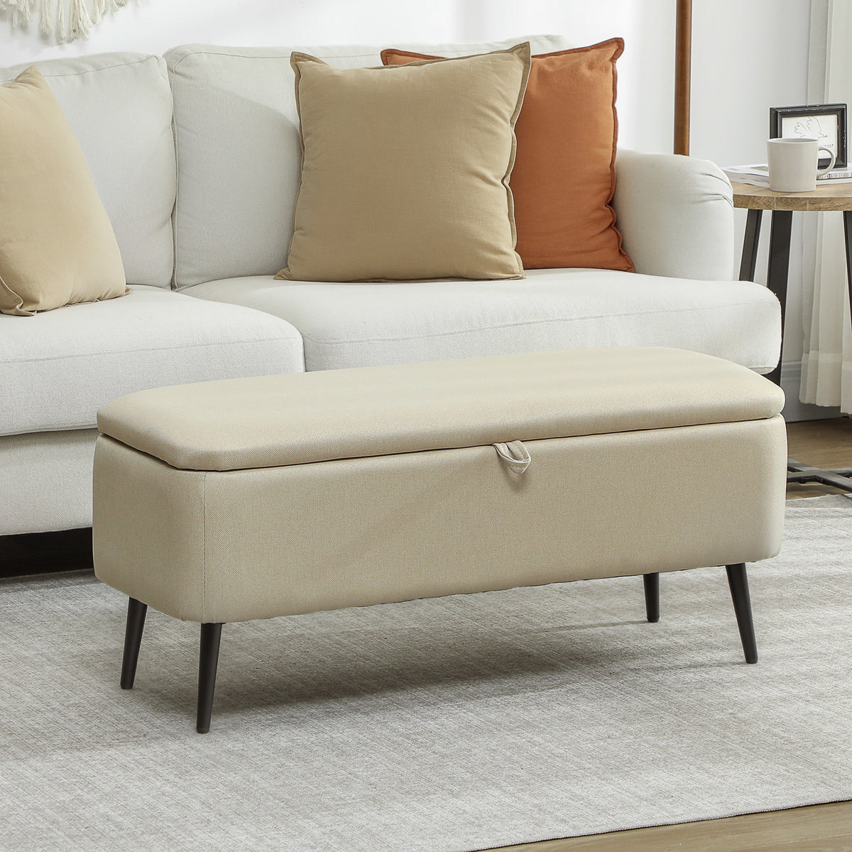 Banc banquette coffre de rangement 2 en 1 en tissu avec pieds en acier noir 102 x 40 x 39,5 cm beige-1
