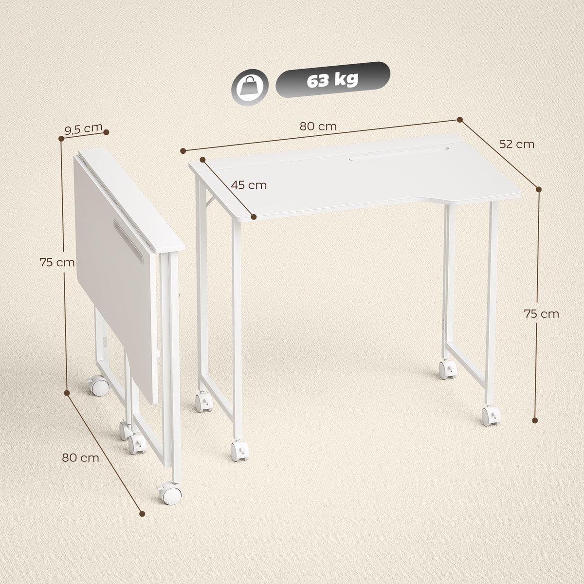 Bureau Pliable 80 x 52 cm, Bureau Ordinateur sur Roulettes avec Fente d'Appareil, Montage Facile, Blanc-2