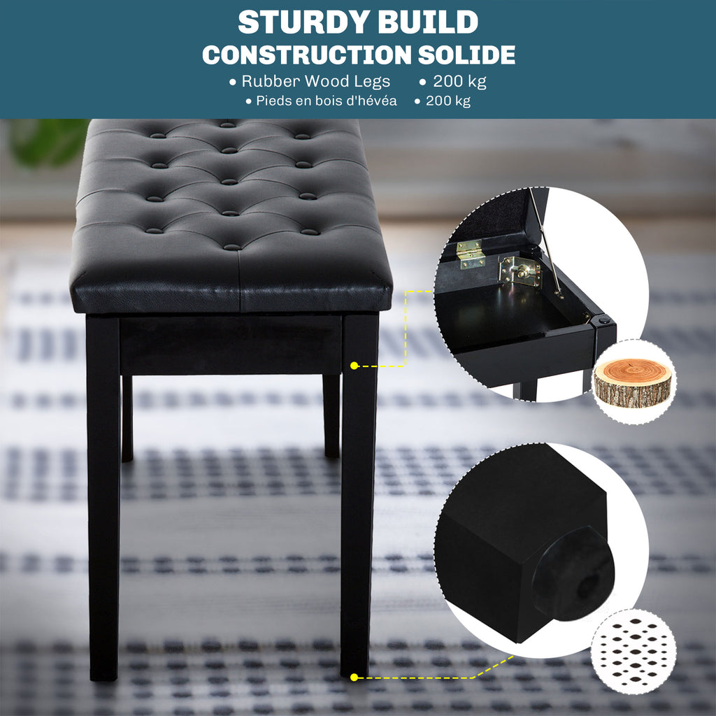 Banquette tabouret siège pour piano avec coffre de rangement pied bois caoutchouc assise capitonnée noir-5