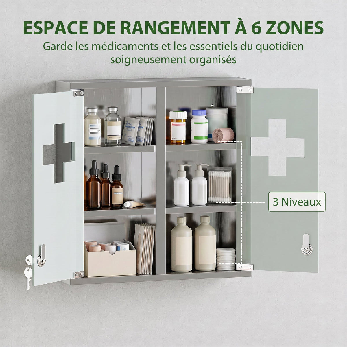 Armoire à pharmacie murale avec portes en verre verrouillables 2 clés, étagères de rangement, 46 x 12 x 48 cm, argenté-3