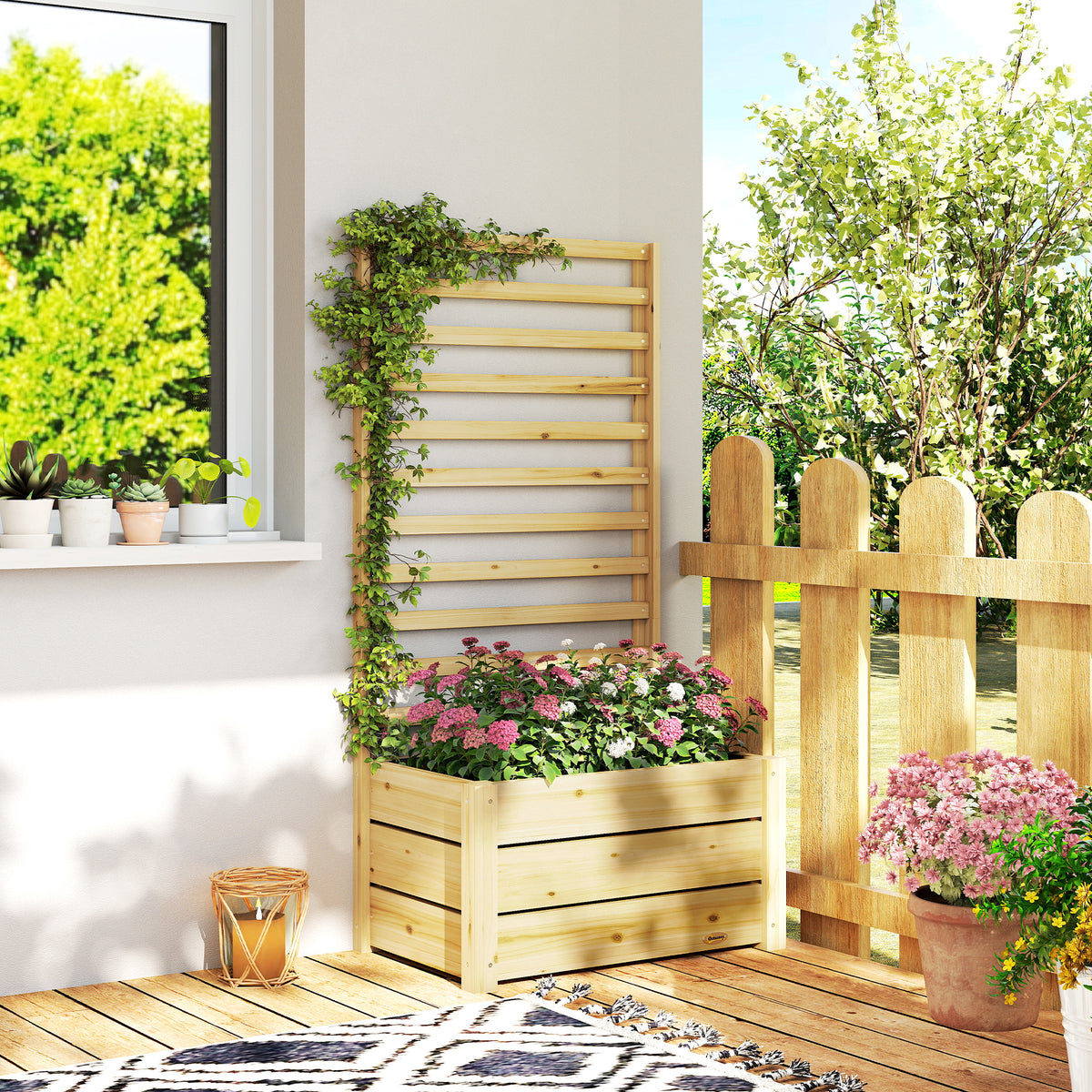 Jardinière avec treillis, bac à fleurs avec brise-vue, trou de drainage et doublure intérieure, 60 x 39 x 120 cm, bois naturel-8