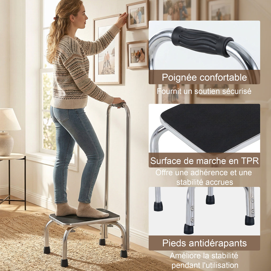 Marche avec Barre d'appui - marchepied de sécurité - Plateforme & Patins antidérapants - Acier galvanisé, gris et noir-5
