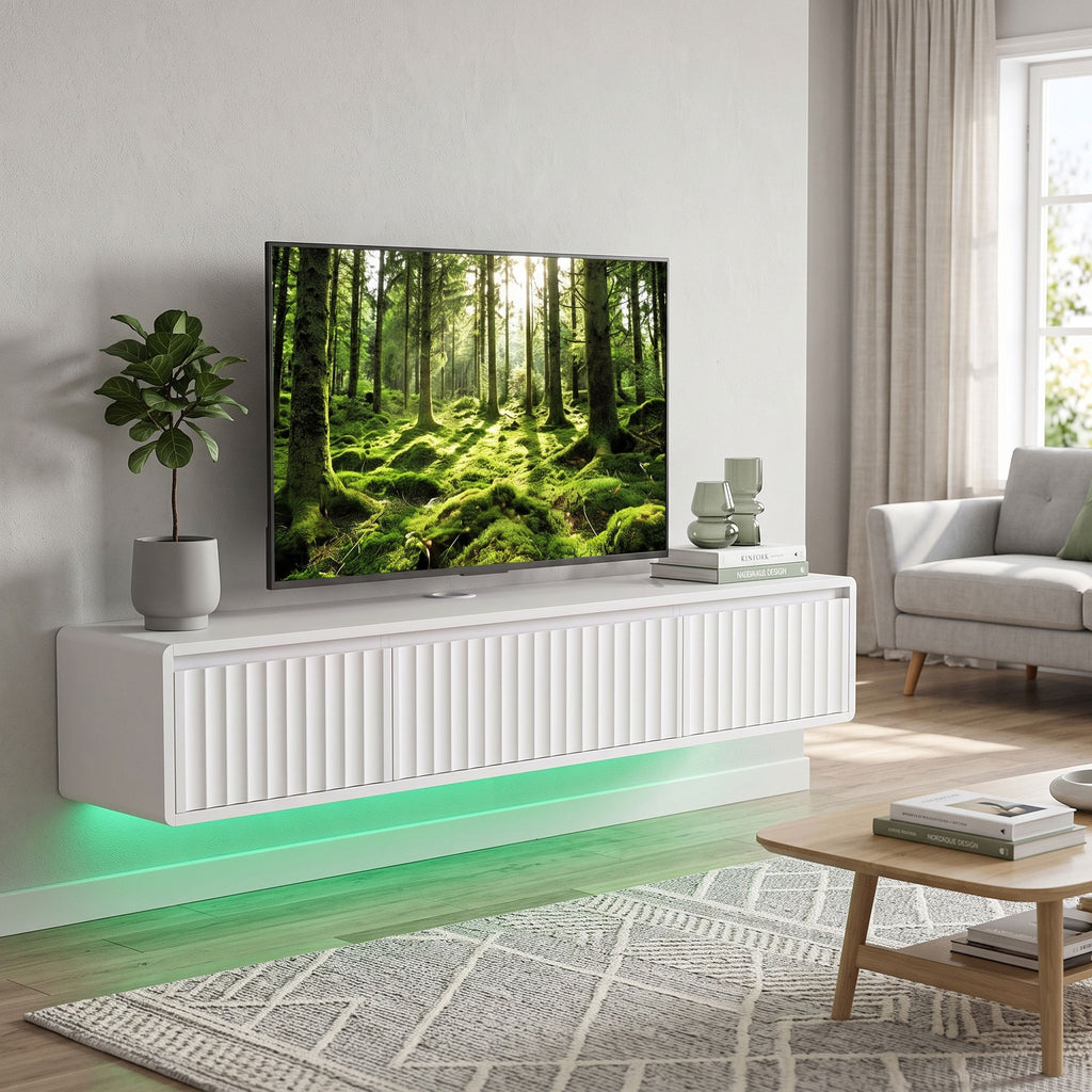 Meuble TV Suspendu Flottant 120 cm avec Éclairage LED et Prises, Meuble Télé pour Téléviseur 65 Pouces, Blanc-8