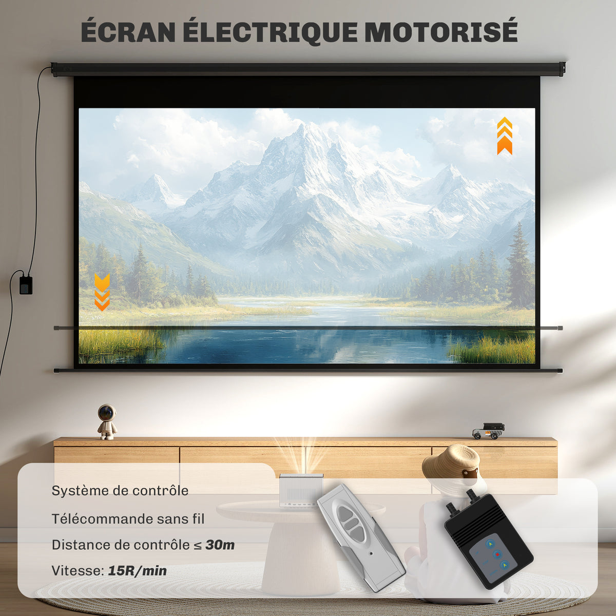 Écran de projection motorisé 120 pouces, 16:9 4K HD, fixation mural ou plafond avec télécommande, 297x8x183cm-3