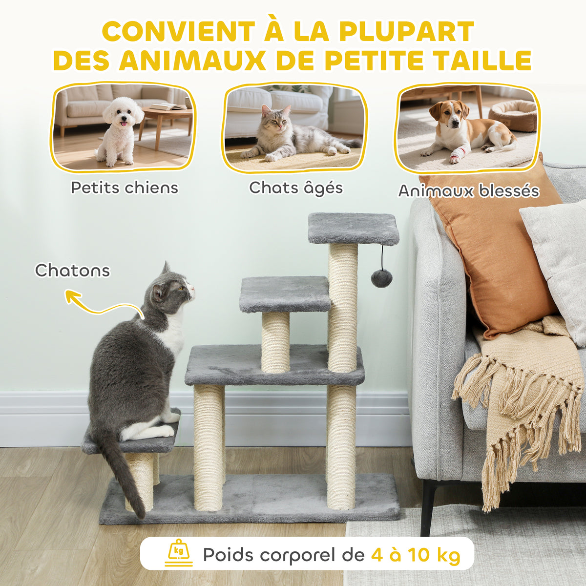 Escalier pour animaux domestiques réglable 3/4 marches échelle pour chat chien griffoirs sisal 70 x 32 x 68 cm gris-6