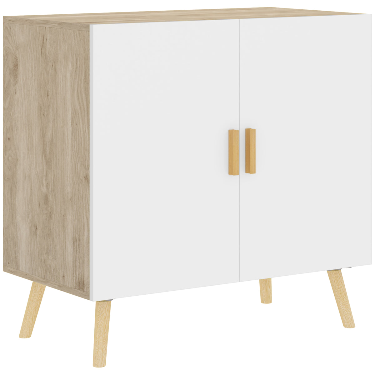 Buffet meuble de rangement avec poignées en bambou étagère ajustable base surélevée 76 x 41,2 x 74 cm blanc bois naturel-0