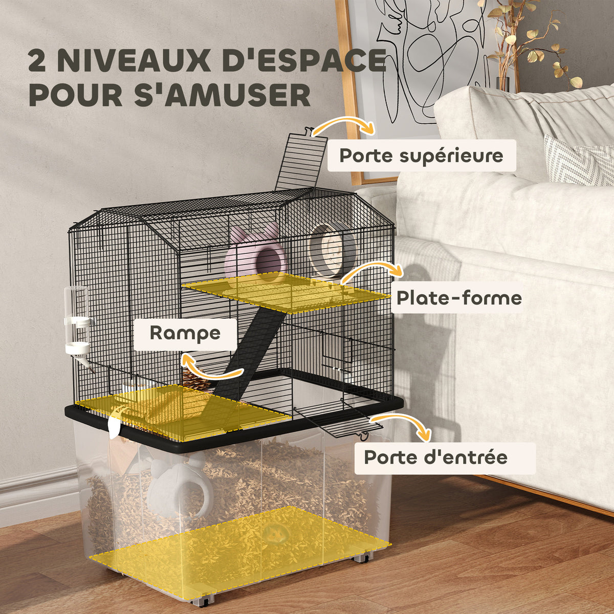 Cage hamster cage rongeur 3 étages avec roulettes plate-forme et échelle en fil d'acier 57 x 43 x 74 cm noir-3