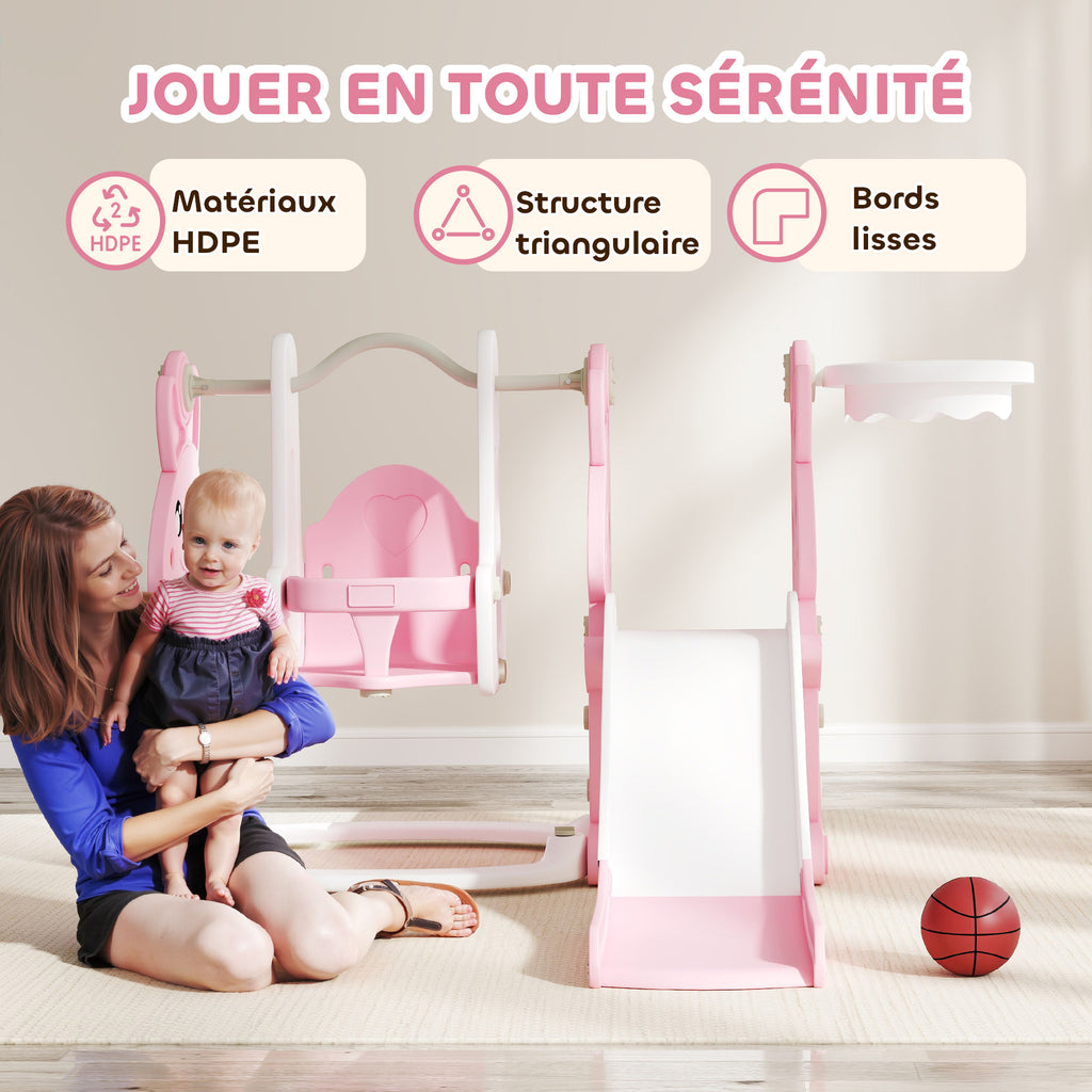 Toboggan et balançoire pour enfants 4 en 1 avec panier de basket, toboggan, balançoire, 147,5x160x107cm, rose-6