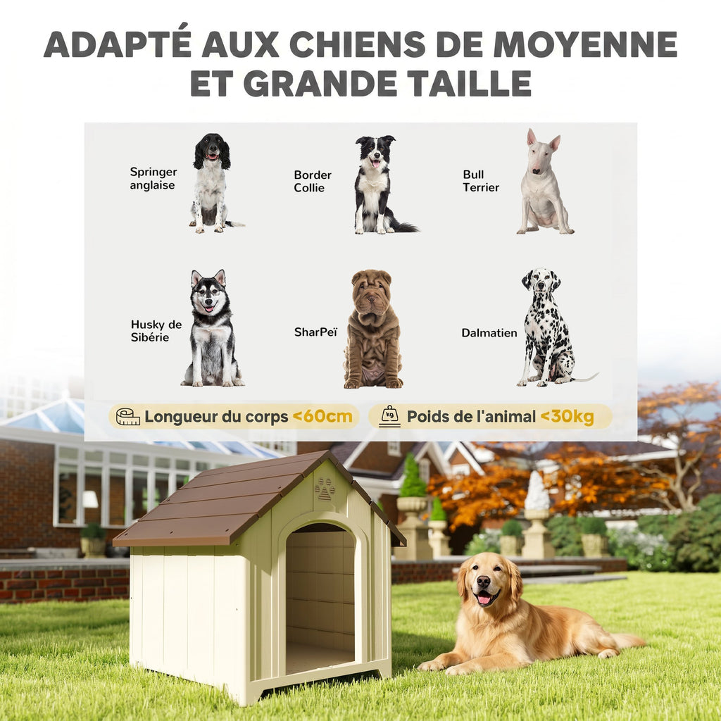 Niche pour chien extérieur, maison chien en polypropylène imperméable, ventilé, plancher surélevé, beige-4