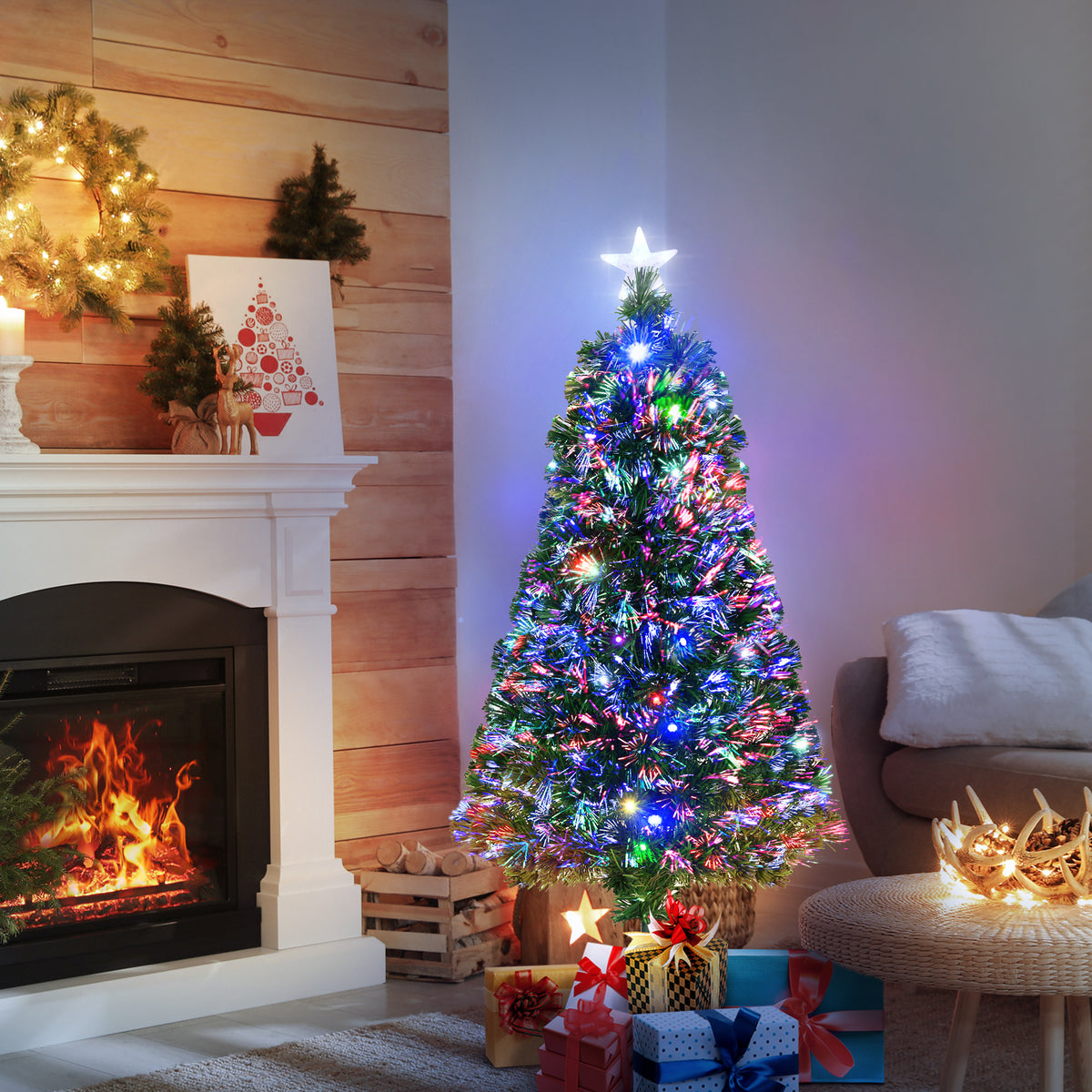 Sapin Noël Artificiel Lumineux 120H cm Fibre Optique LED Multicolore + Support Pied 130 Sommet Brillante Vert-1