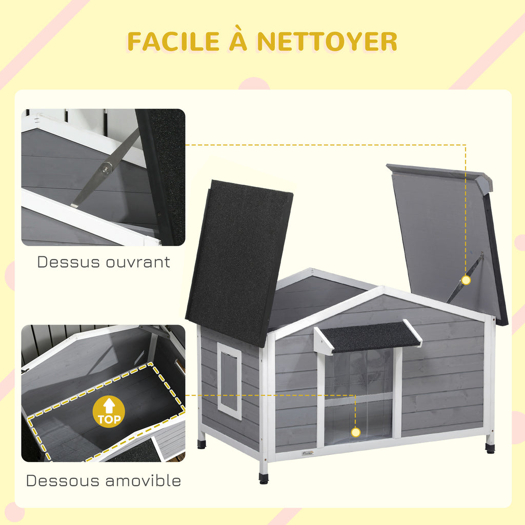 Niche chien style cottage - 2 fenêtres, porte, toit ouvrant bitumé - dim. 109 x 79 x 72 cm - bois sapin gris-4