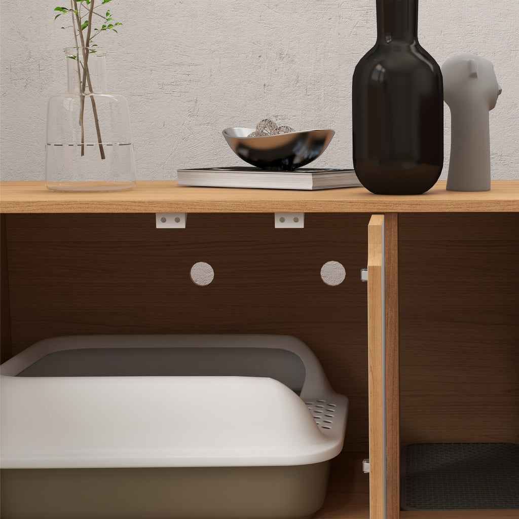 Meuble à litière maison de toilette sur pieds pour chat 2 en 1 portes style scandinave 80 x 48 x 48 cm naturel et blanc-7