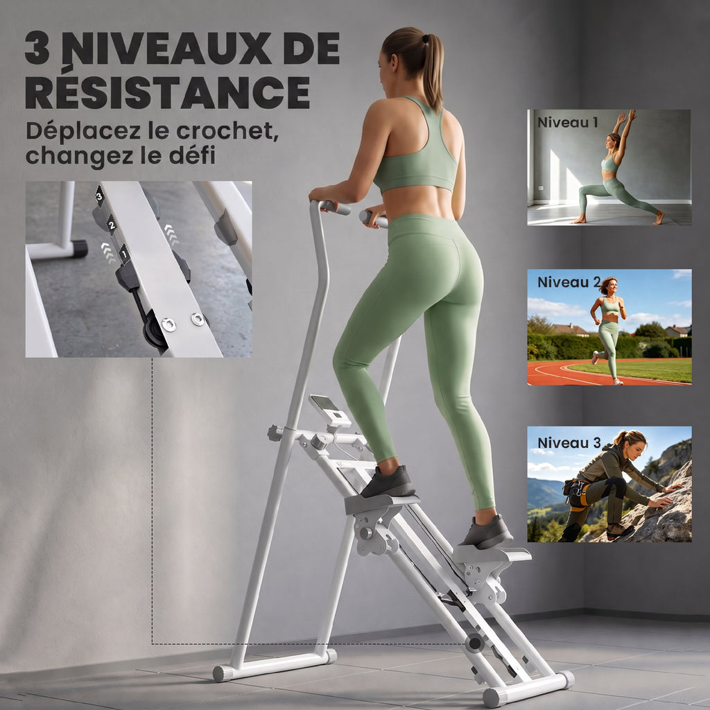Stepper d'Escalier Pliable, 3 Niveaux de Résistance, Hauteur Réglable, Écran LCD, Charge 150 kg, 90x50x133cm, Blanc-3