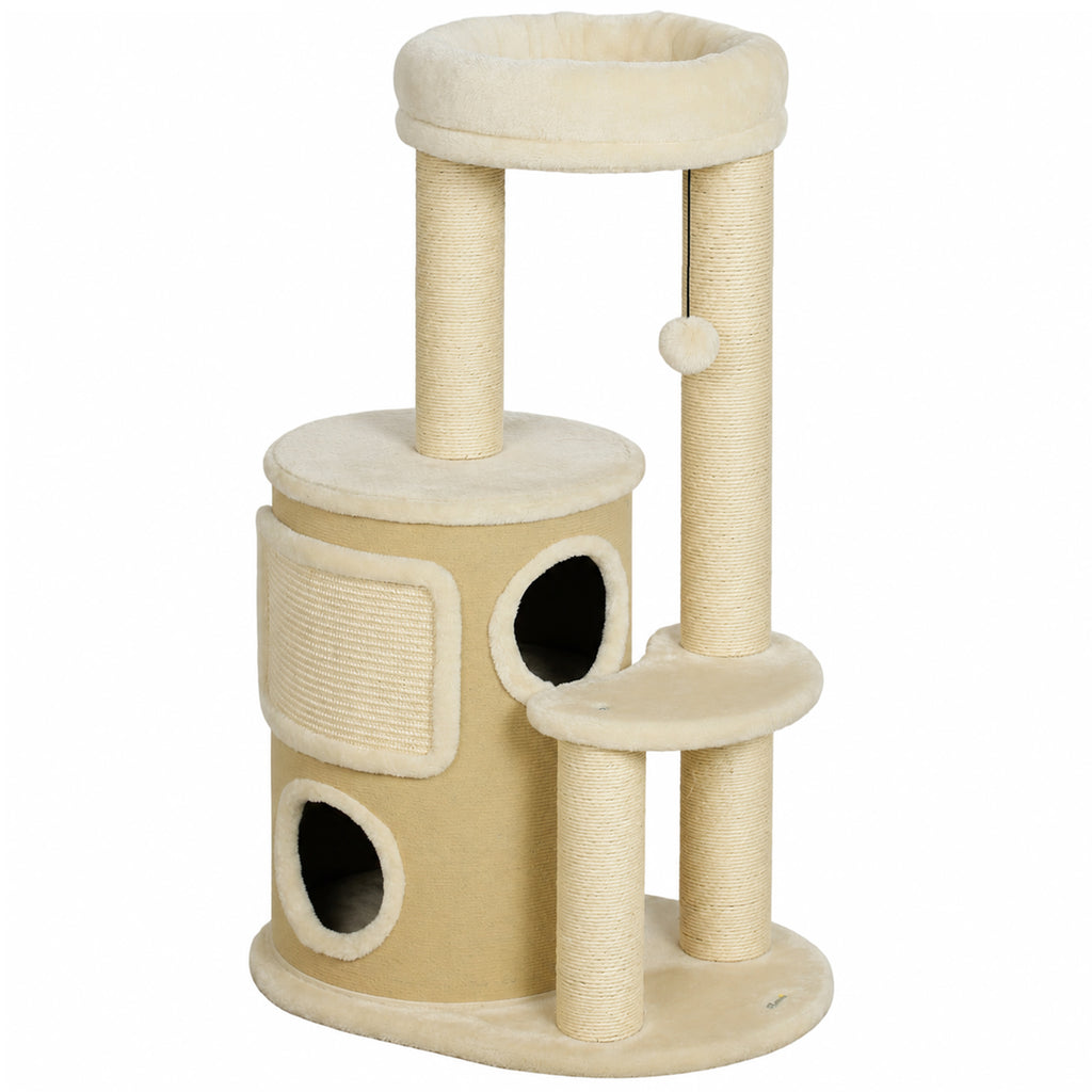 Arbre à Chat Multi-Niveaux avec Tonneau, Double Niche, Lit, Plateforme, Poteaux à Griffer en Sisal, 55x39x90cm, Beige-0