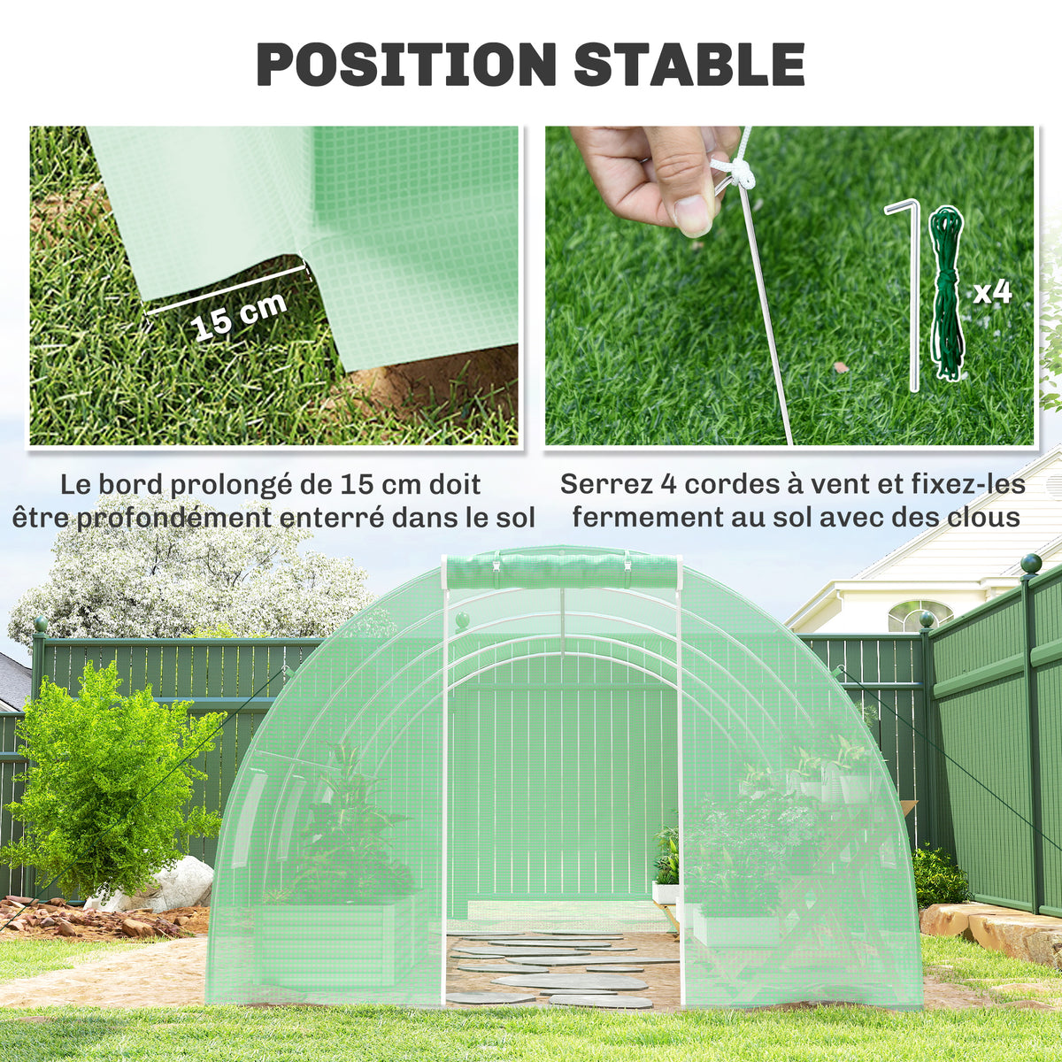 Serre de Jardin Tunnel 18 m² dim. 6L x 3l x 2H m - 8 fenêtres, Porte zippée Enroulable - châssis Tubulaire Acier galvanisé, bâche PE Haute densité Vert-4