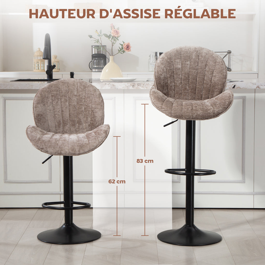 Lot de 2 tabourets de bar forme de coquillage, dossier, hauteur réglable et repose-pieds, cadre en acier, marron-4