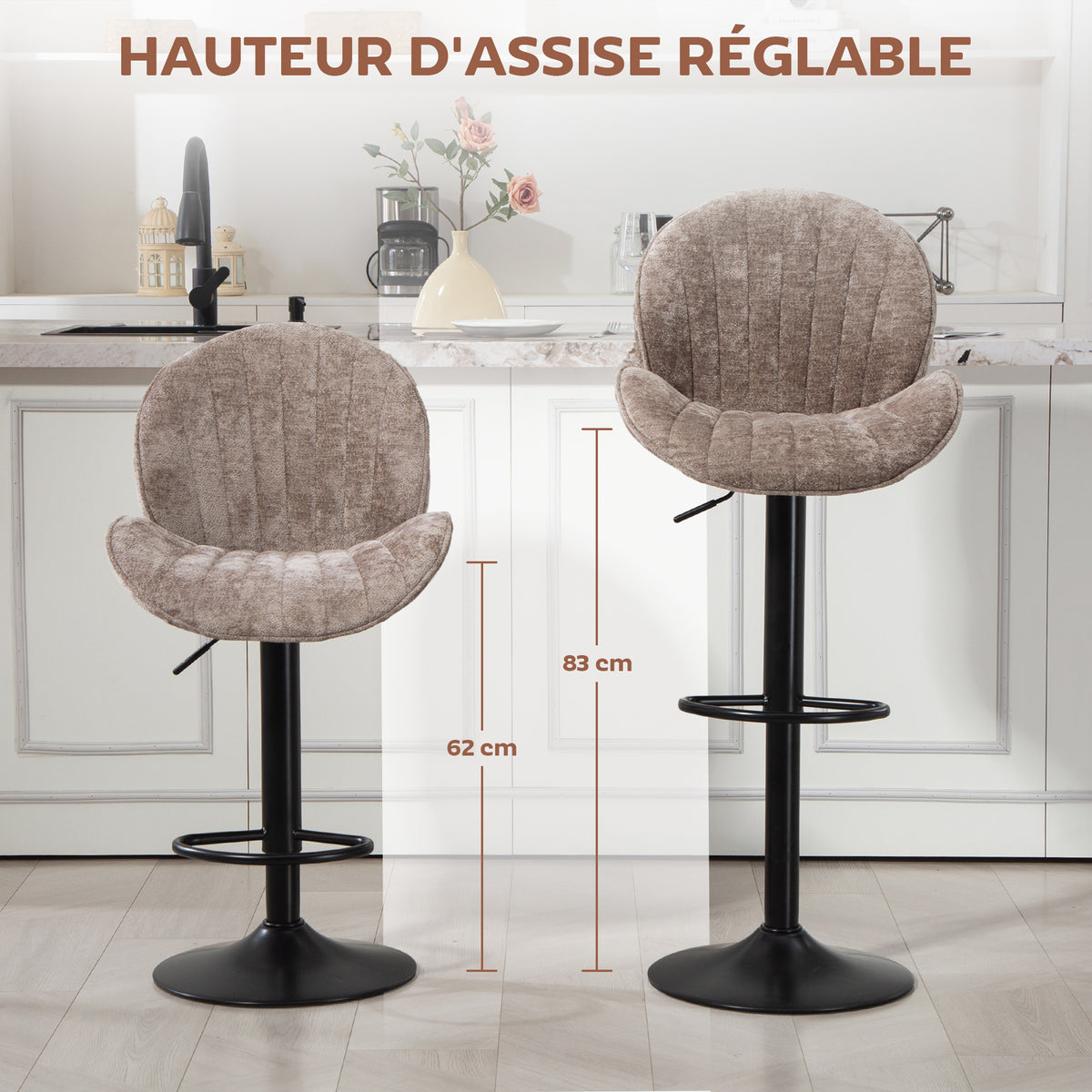 Lot de 2 tabourets de bar forme de coquillage, dossier, hauteur réglable et repose-pieds, cadre en acier, marron-4
