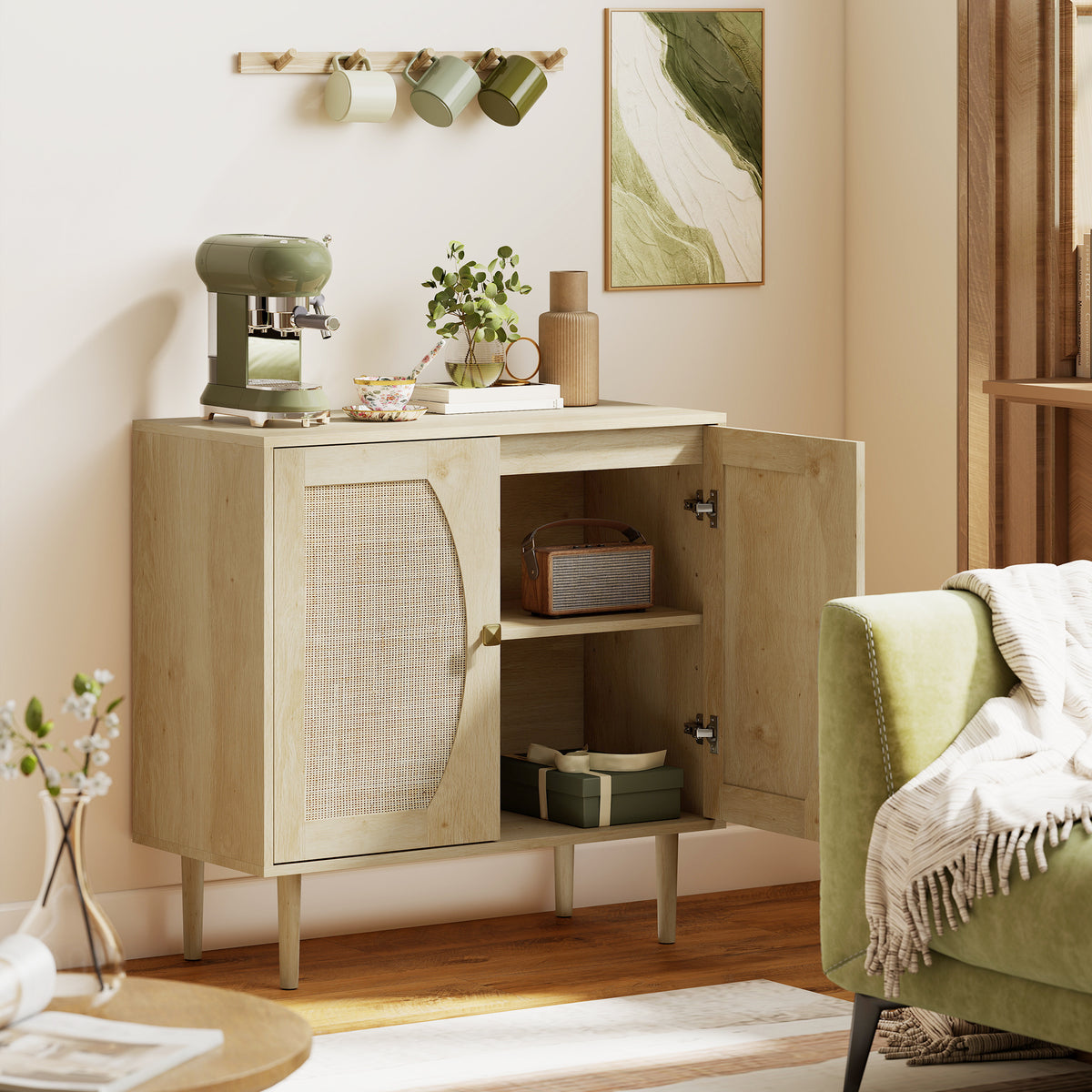 Buffet de cuisine meuble de rangement double portes avec 2 niveaux, façade en cannage 80 x 38 x 79 cm effet bois naturel-1