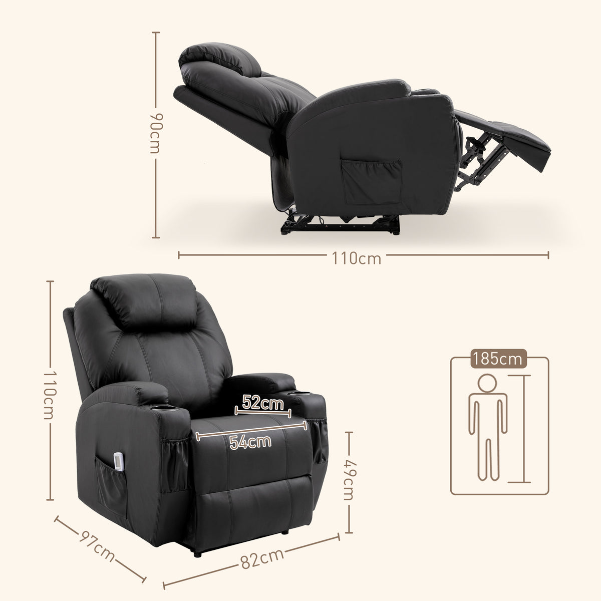 Fauteuil de Massage Inclinable, Chaise de Relaxation avec dossier et repose-pied électrique réglables revêtement synthétique pour Salon, Chambre, Cinéma Maison Noir-2